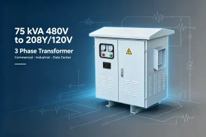 75 kVA 480V to 208Y/120V 3 Phase Transformer Specifications and Applications for Commercial and Industrial Power Distribution, Dry-Type Transformer Manufacturer Factory for USA, Canada, Mexico and Saudi Arabia