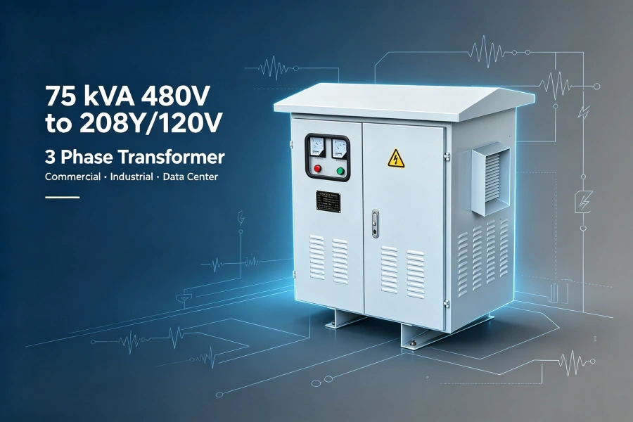 75 kVA 480V to 208Y/120V 3 Phase Transformer Specifications and Applications for Commercial and Industrial Power Distribution, Dry-Type Transformer Manufacturer Factory for USA, Canada, Mexico and Saudi Arabia