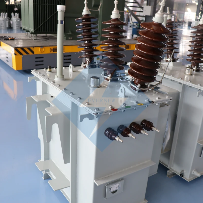 Compact three phase pole mounted transformer with high voltage bushings, oil immersed design for overhead utility power distribution