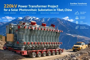 Large 220kV high-voltage power transformer transported by multi-axle heavy-duty trailer through mountainous terrain for a solar photovoltaic power project in Tibet, China by EverNew Transformer