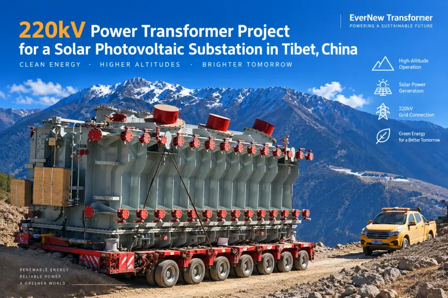 Large 220kV high-voltage power transformer transported by multi-axle heavy-duty trailer through mountainous terrain for a solar photovoltaic power project in Tibet, China by EverNew Transformer