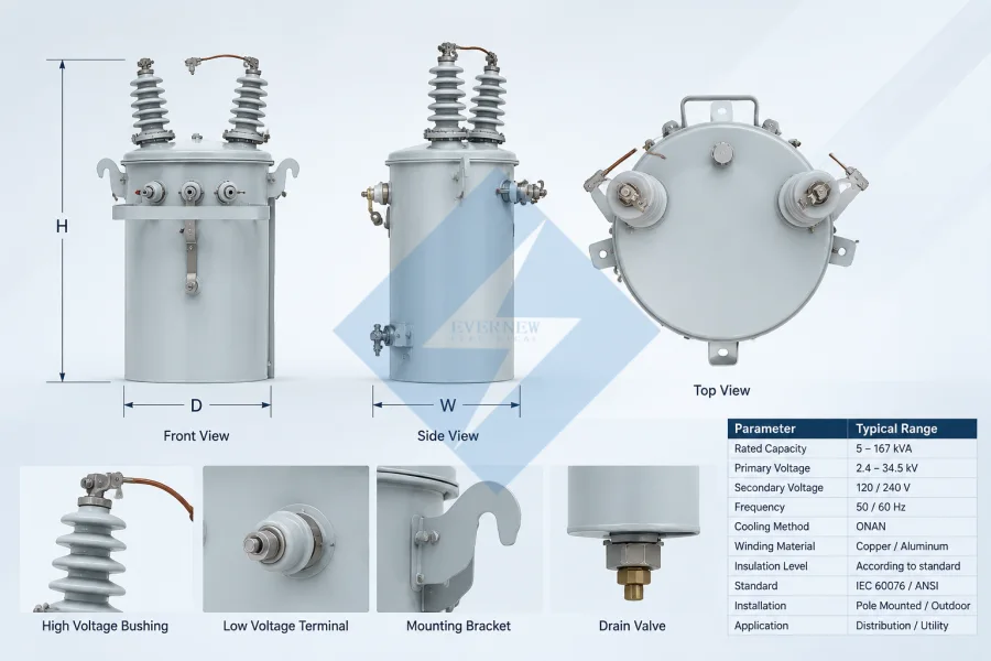 Single phase transformer construction diagram showing internal components, technical specifications, voltage configuration, winding design and customized transformer parameters from a professional manufacturer