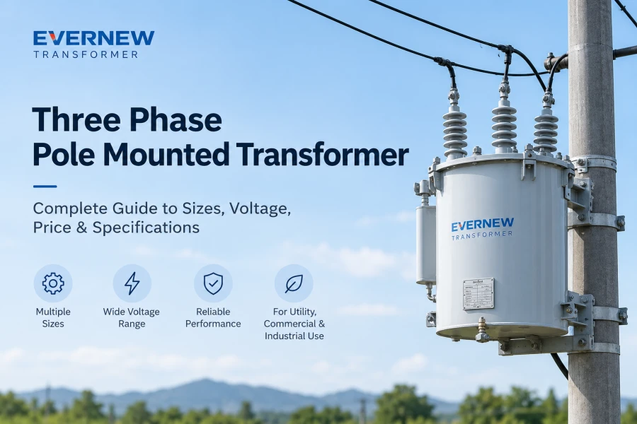 Three phase pole mounted transformer complete guide covering common kVA sizes, voltage ratings, technical specifications, applications and price factors