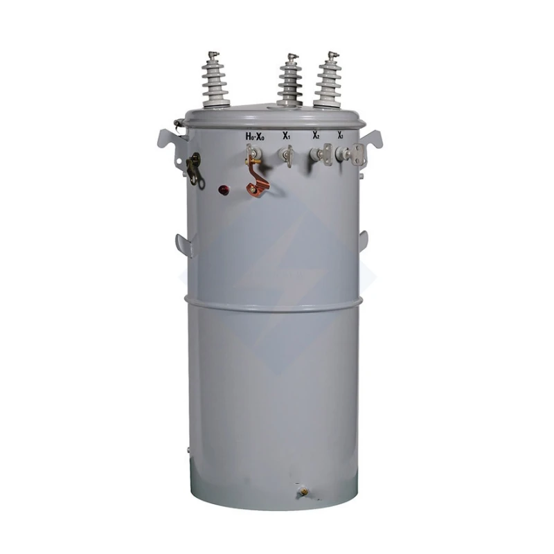 Three phase pole mounted transformer for overhead power distribution with compact oil immersed design for utility, industrial and rural electrical networks