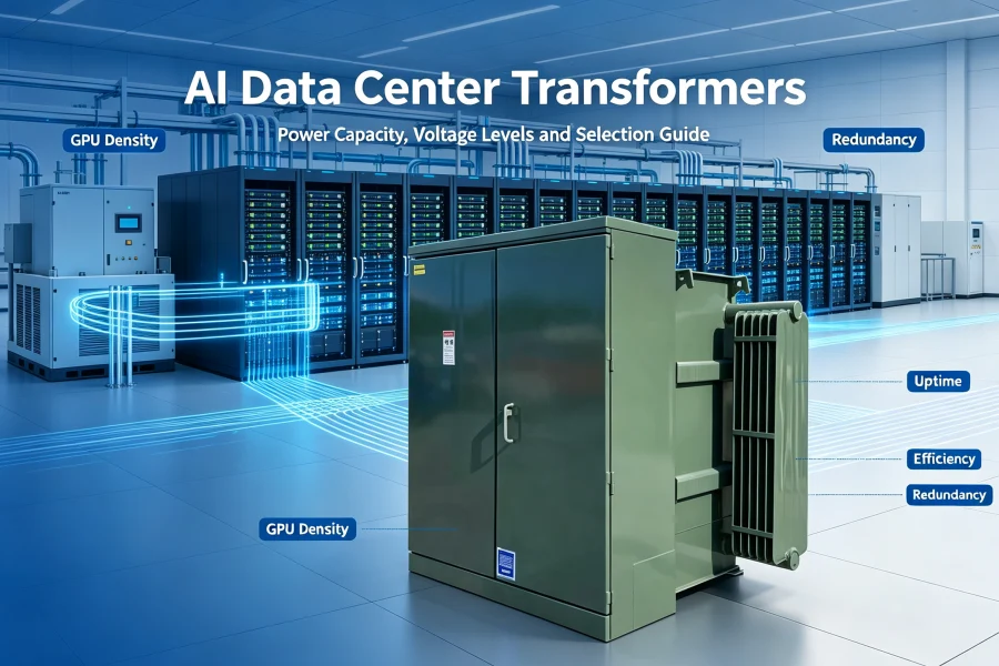 AI data center power distribution workflow with pad-mounted transformer and electrical infrastructure
