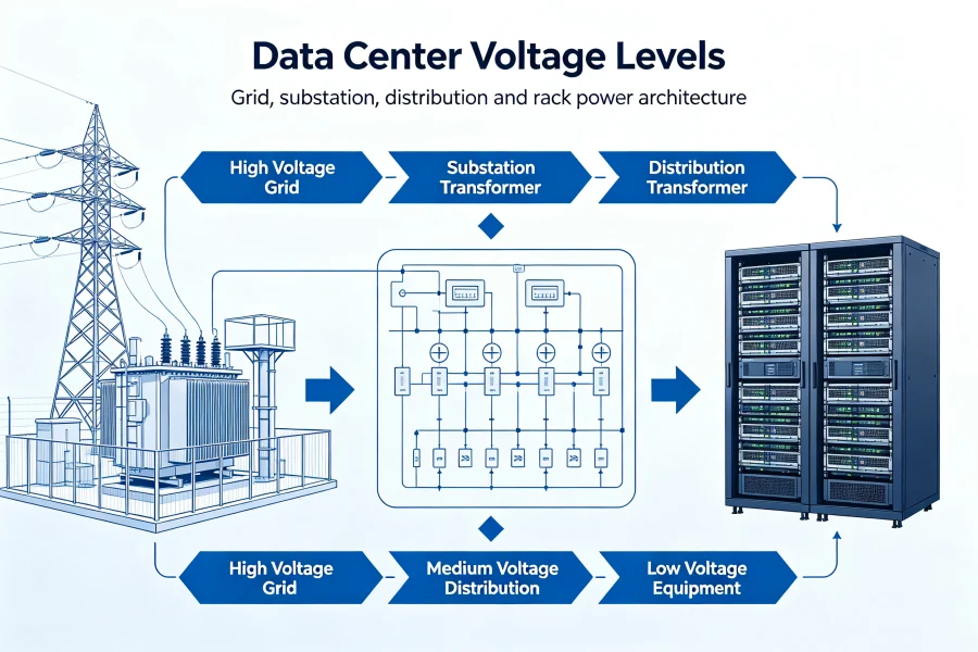 AI data center electrical power flow diagram showing voltage levels and transformer distribution architecture