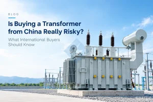 Large oil-immersed power transformer at an outdoor electrical substation